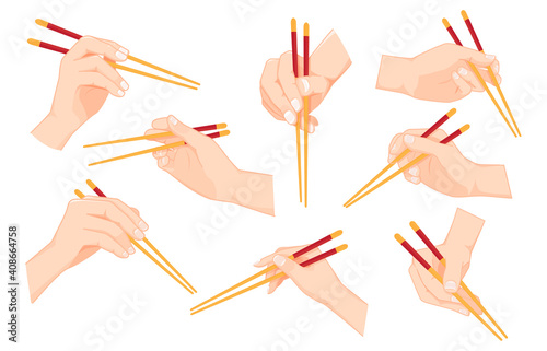 Set of Hand holding chopsticks Vector illustration