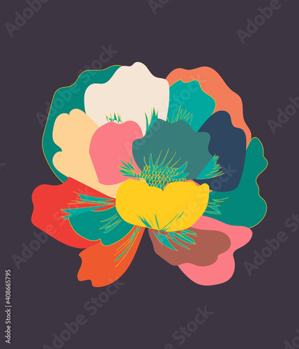 Abstract art, bright flower peons on a dark background. Abstract vector illustration.