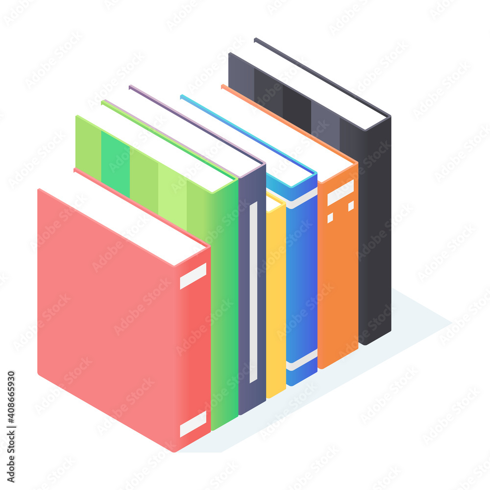 Books stack isometric. Pile of standing paperback literature with hardcover. Books stack isometric. Pile of standing paperback literature with hardcover.