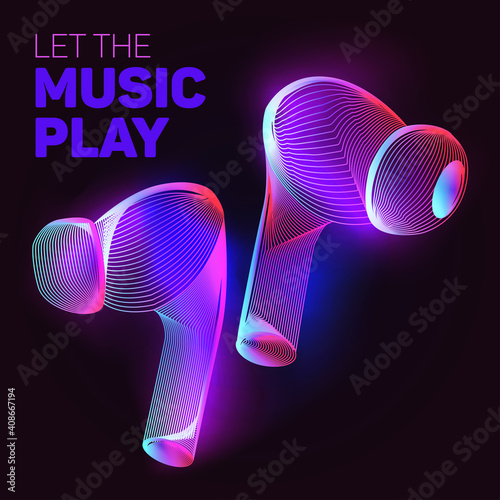 Let the music play. Outline vector illustration of wireless charging headphones or headset in 3d line art style on neon abstract background