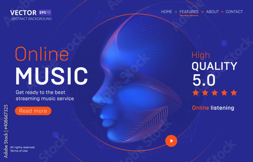 Online music streaming service landing page template with a high-quality rating. Abstract outlined vector illustration of a cyber human or android head silhouette in 3d neon line art style