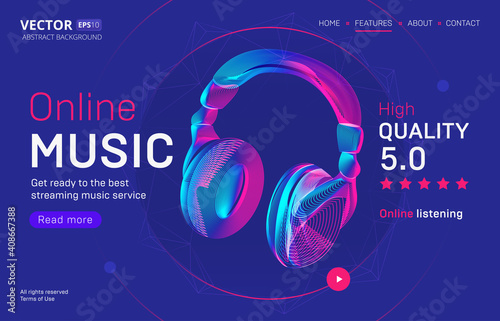 Online music streaming service landing page template with a high-quality rating. Abstract outlined vector illustration of wireless headphones silhouette in 3d neon line art style