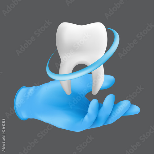 Dentist hand wearing blue protective surgical glove holding a ceramic model of the tooth. 3d realistic vector illustration of teeth whitening concept isolated on a grey background