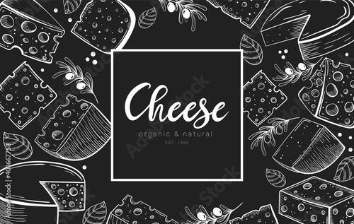 Hand drawn cheese set banner template with lettering on chalkboard. Engraved style illustration of different types of cheese with olives and basil. Dairy products vector chalk style illustration.