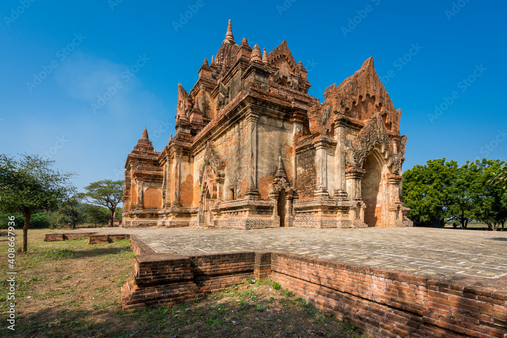 Exterior of historic temple against clear blue sky, UNESCO, Bagan, Myanmar Exterior of historic temple against clear blue sky, UNESCO, Bagan, Myanmar