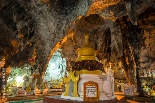 Pagoda and Buddha statues inside Pindaya caves, Pindaya, Myanmar photo