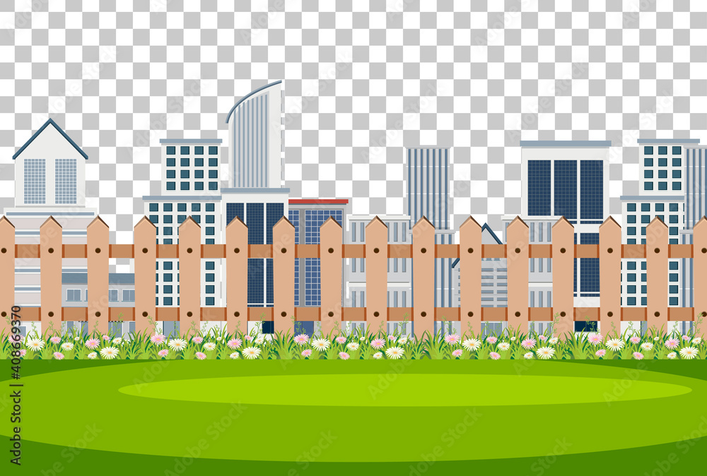 City scene with fence on transparent background