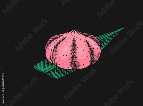 Japanese dessert Mochi in rice dough. Vector illustration for an Asian restaurant. Hand Drawn engraved sketch for menu. Monochrome style. Vector illustrations