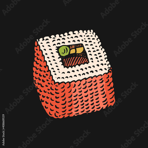 Japanese food. Maki Sushi bar or rolls set. Vector illustration for Asian restaurant. Hand Drawn engraved sketch for menu. Monochrome style. Vector illustrations