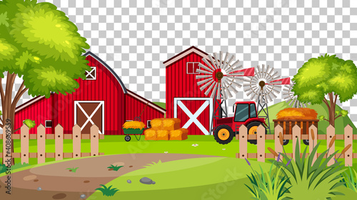 Red barn in farm scene on transparent background