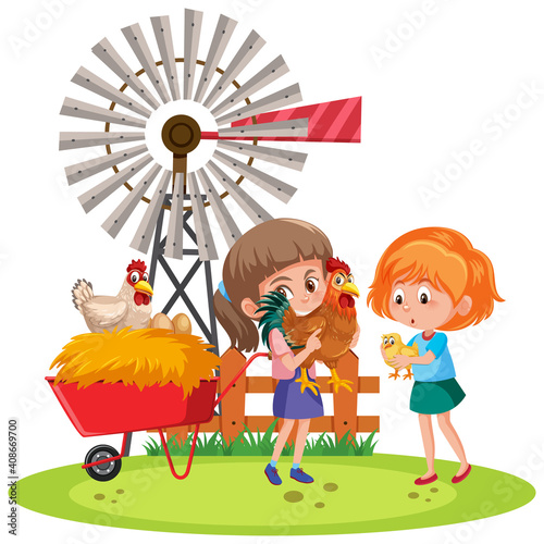 Children holding chicken with farm elements