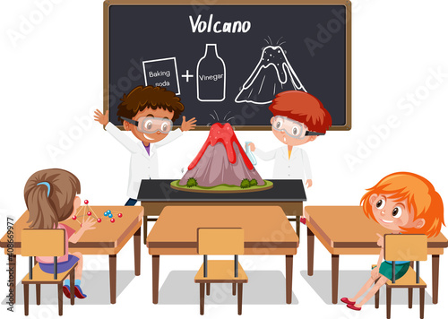 Young students doing volcano experiment in the classroom scene