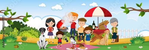 Happy family picnic in the garden horizontal landscape scene at day time