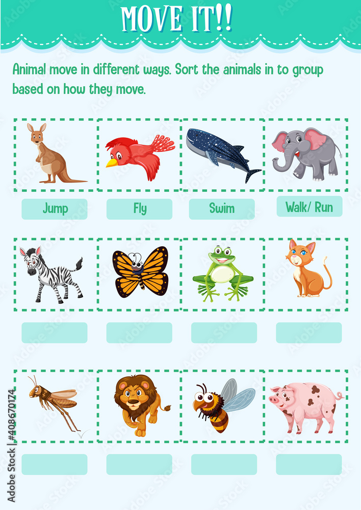 Sort the animal into the group based on how they move worksheet for kindergarten