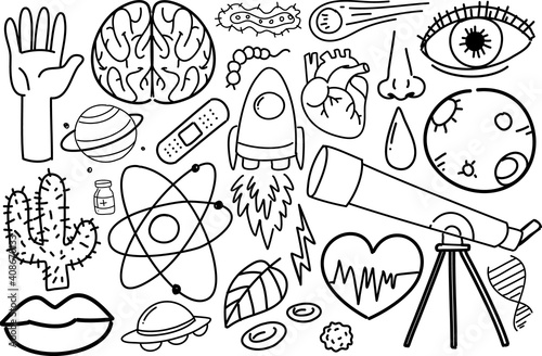 Different doodle strokes about science equipment isolated on white background