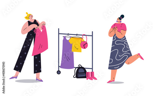 Young social and eco responsible girls at fashion swap party. Idea of exchange your old wardrobe for new. Eco-friendly cloth exchange. Vector cartoon flat illustration. Swap party invitation.