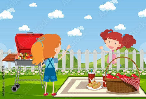 Background scene with two girls in the park
