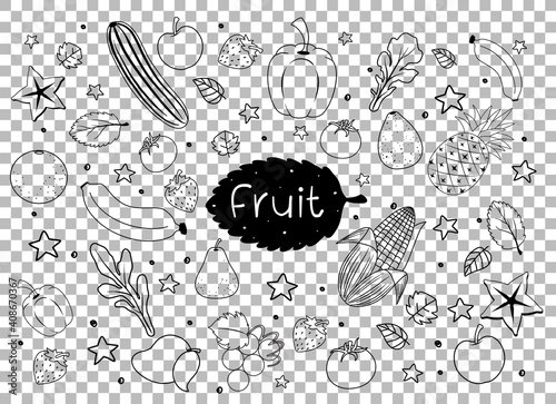 Many fruits in doodle or sketch style isolated on transparent background
