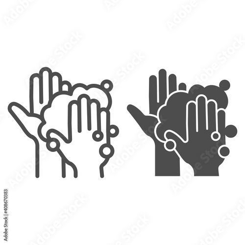 Hands in soapy foam line and solid icon, Corona downturn concept, Hand wash sign on white background, Hygiene protection from coronavirus icon in outline style for mobile and web. Vector graphics.