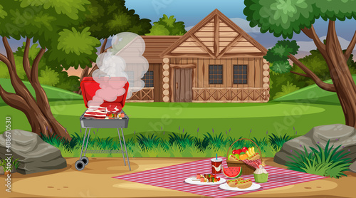 Picnic scene with food on the table and BBQ grill in the garden