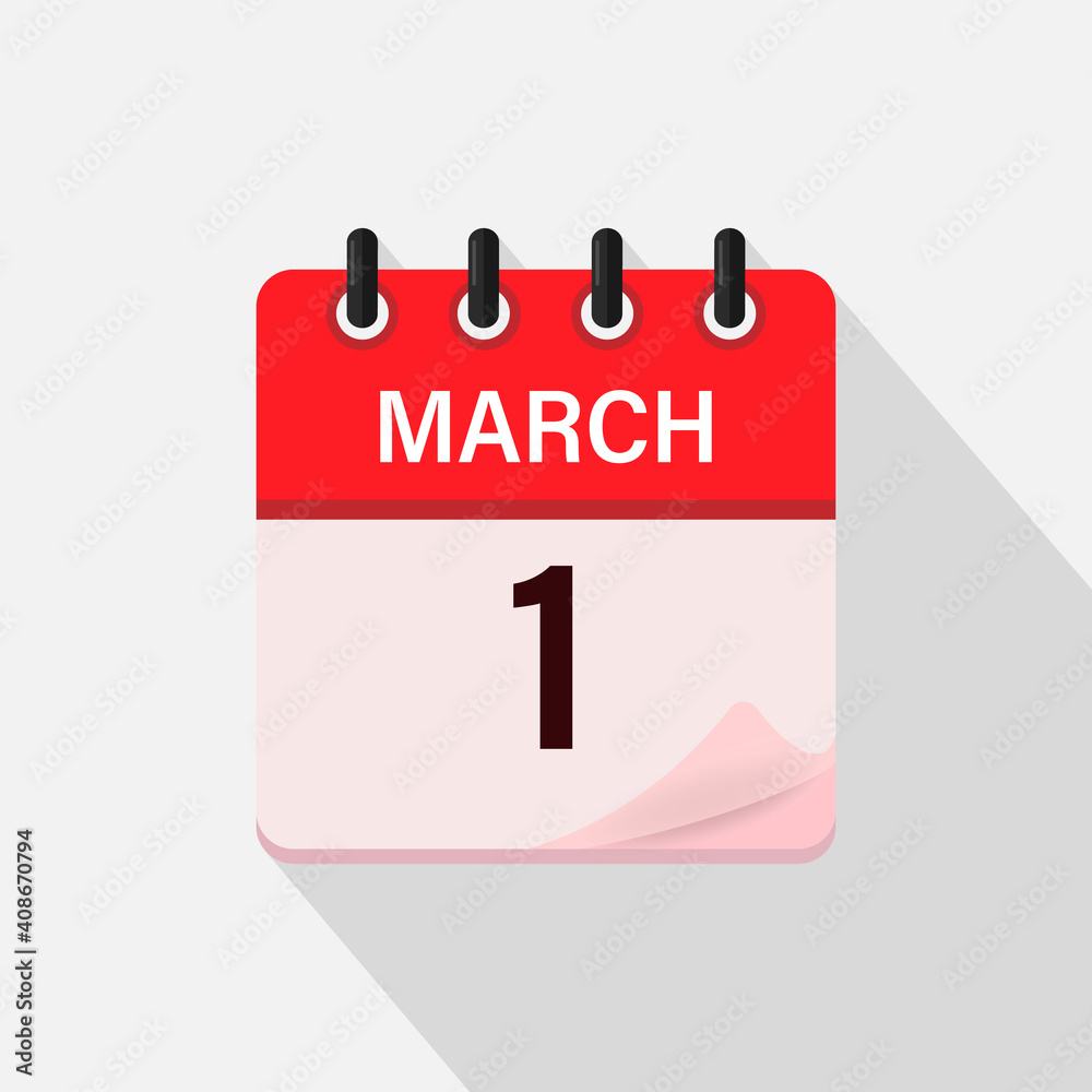 March 1, Calendar icon with shadow. Day, month. Flat vector illustration. March 1, Calendar icon with shadow. Day, month. Flat vector illustration.