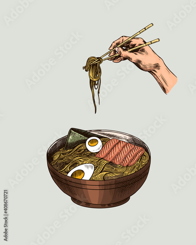  Hand holds chopsticks. Ramen noodles. Japanese food poster. Sushi bar, soup in a bowl, roll and dessert, Asian tea. Soy sauce. Drawn engraved sketch for menu. Monochrome style. Vector illustration