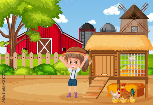 Scene with farmgirl and chickens on the farm