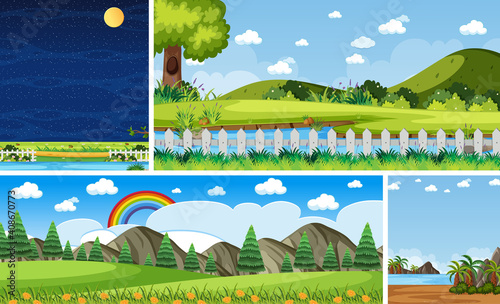 Four different scene of nature place in vertical and horizon scenes at daytime and night