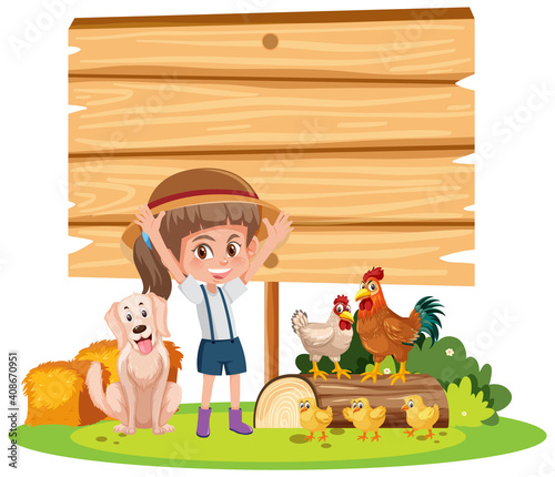 Empty banner with a girl and animal farm on white background