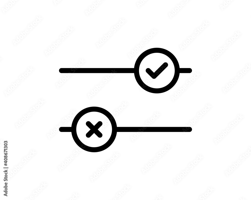 Toggle button switch off or turn on slider with tick hook and cross signs Toggle button switch off or turn on slider with tick hook and cross signs