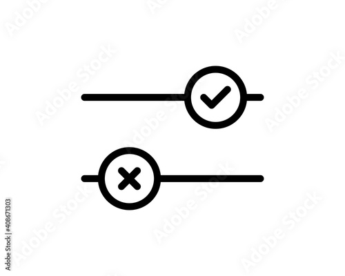 Toggle button switch off or turn on slider with tick hook and cross signs