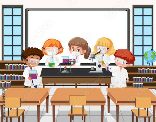 Young students doing science experiment in the classroom scene