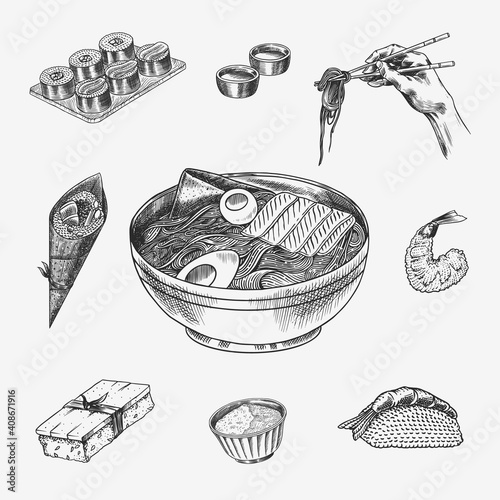 Japanese food set. Sushi bar, ramen noodles, soup in a bowl, roll and dessert, Asian tea. Soy sauce. Hand holds chopsticks. Drawn engraved sketch. Monochrome doodle style. Vector illustration