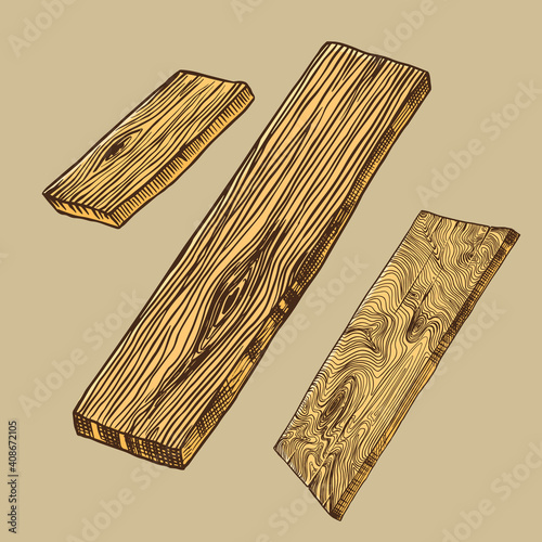 Wood or Piece of Tree. Plank and log, lumber and Cut, Firewood in vintage style. Vector illusion for signboard, labels, logo or banner. Campfire material. Engraved Hand drawn sketch.