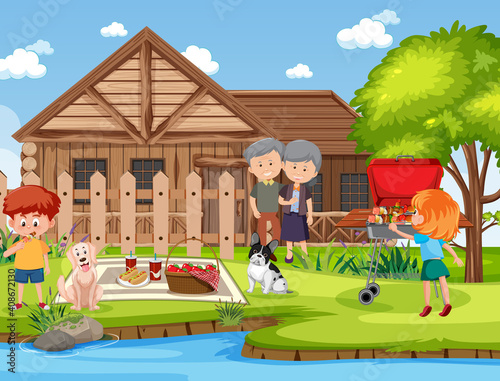 Picnic scene with happy family in the garden