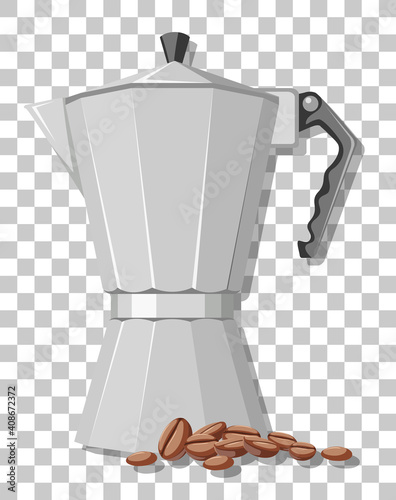 Moka pot with coffee beans isolated on transparent background