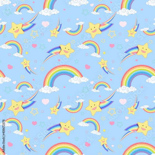 Seamless rainbow with cloud and star pattern on bright blue background