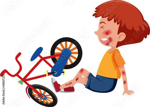 Boy injured at head and arm from riding bicycle