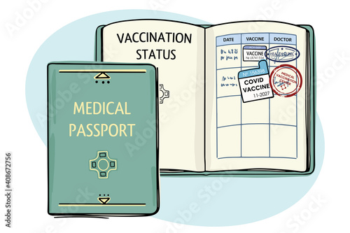 Illustration of the document confirming the vaccination. Vaccination passport with stamps and doctor's signatures. Isolated objects on a white background. Doodle style.