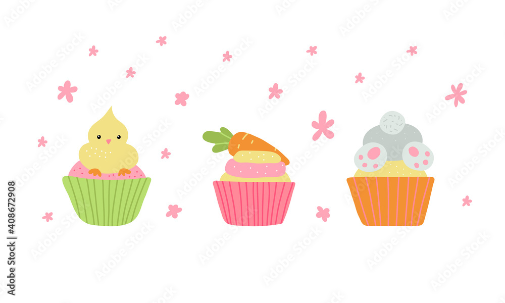 Cute Easter cupcakes with rabbit, chicken and carrot. Vector illustration isolated. Cute Easter cupcakes with rabbit, chicken and carrot. Vector illustration isolated.