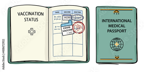 Illustration of the document confirming the vaccination. Vaccination passport with stamps and doctor's signatures. Isolated objects on a white background. Doodle style.