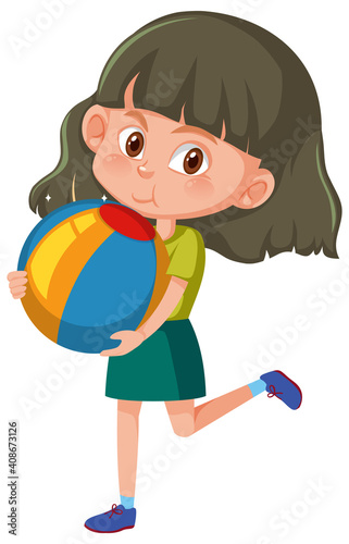 Girl holding beach ball cartoon character isolated on white background