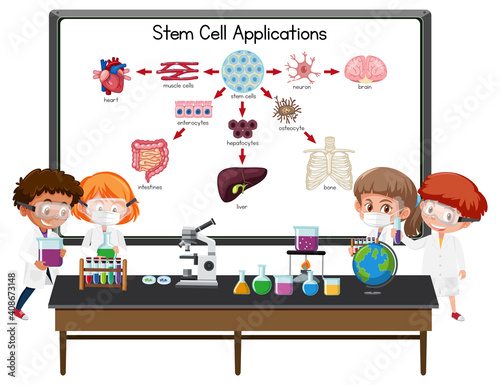 Many young scientists explaining stem cell application in front of a board with laboratory elements
