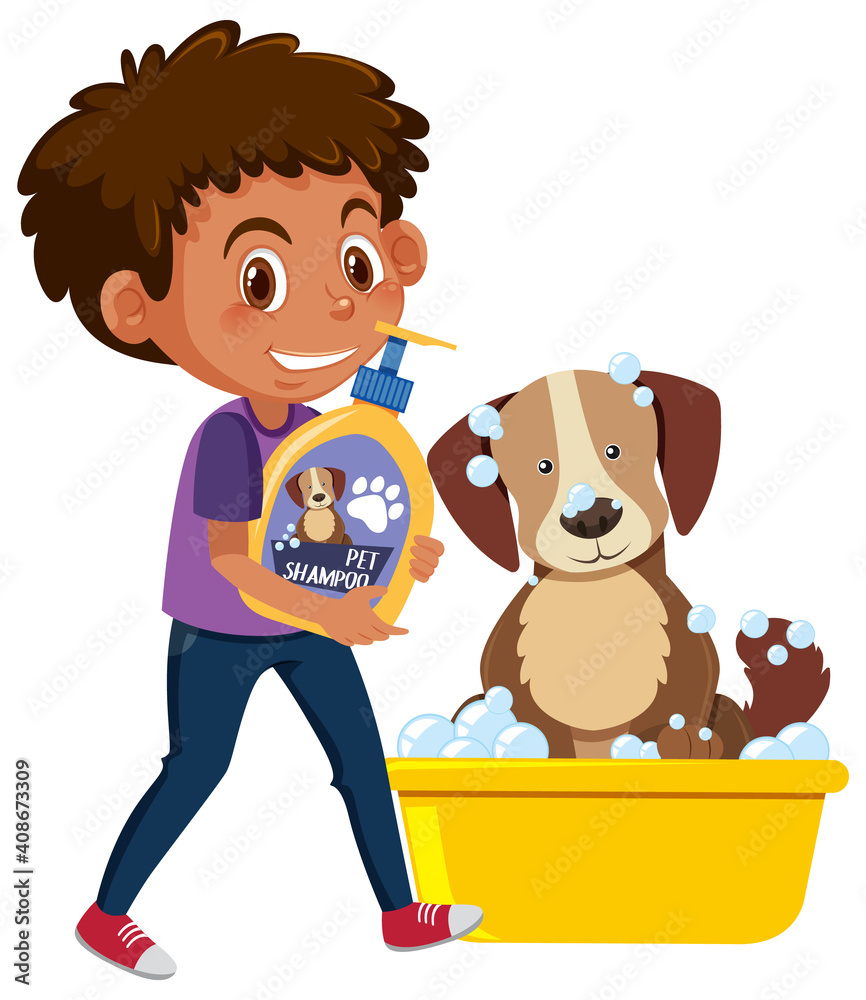 Boy holding dog shampoo product with cute dog on white background