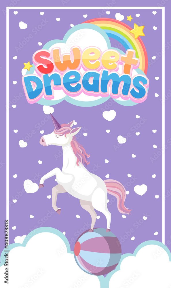 Sweet dreams logo with cute unicorn on purple background