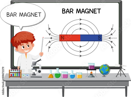 Young scientist explaining bar magnet