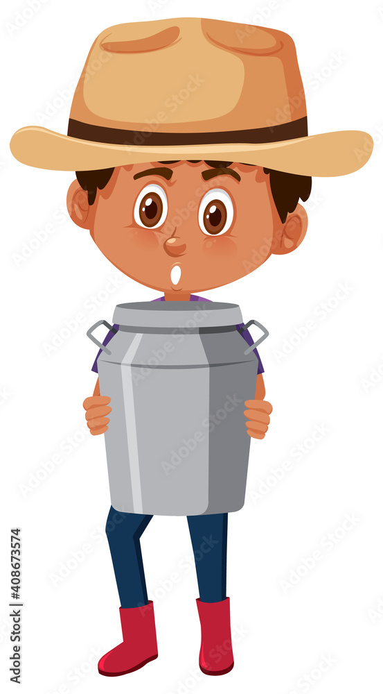 Boy holding milk can container cartoon character isolated on white background