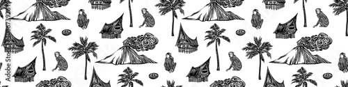 Seamless hand drawn outline pattern of indonesian resort. Endless black ink vector drawing isolated on white background. Vacation illustration of bungalow, monkey, palm and vulcano