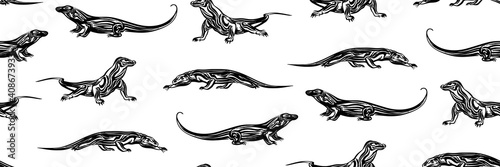 Seamless hand drawn komodo outline sketch pattern. Endless vector black ink wild varanus drawing isolated on white background. Stylized graphic wild animal illustration of lizard