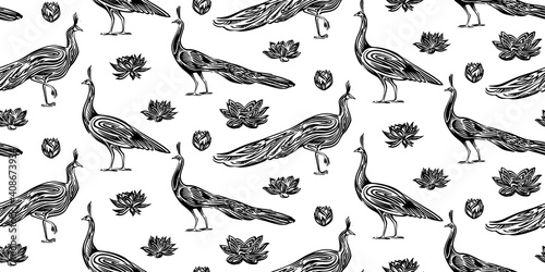 Wallpaper Mural Seamless hand drawn outline sketch pattern of peacock and lotus flower. Endless black ink vector drawing of peafowl bird  isolated on white background. Stylized wildlife illustration Torontodigital.ca